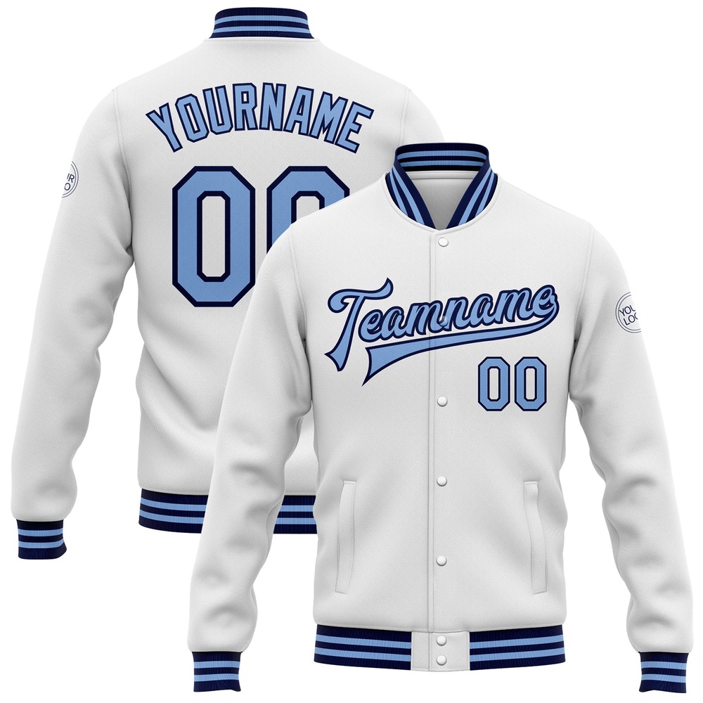 Custom White Light Blue Navy Bomber Full Snap Baseball Jacket, Custom Team Jacket