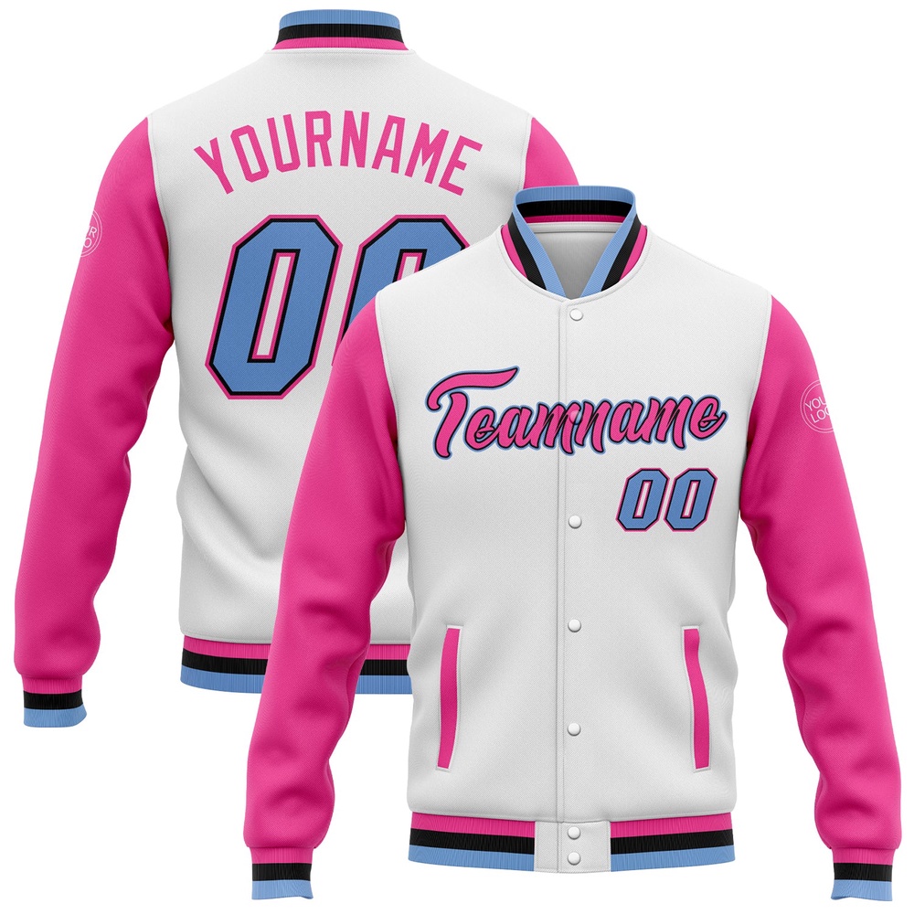 Custom White Light Blue Pink Black Bomber Full Snap Varsity Baseball Jacket, Custom Team Jacket