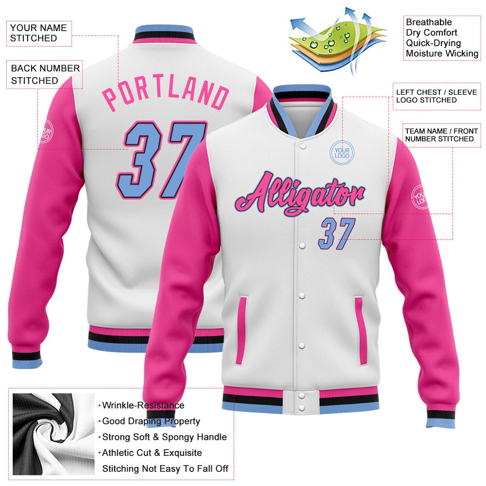Custom White Light Blue Pink Black Bomber Full Snap Varsity Baseball Jacket, Custom Team Jacket