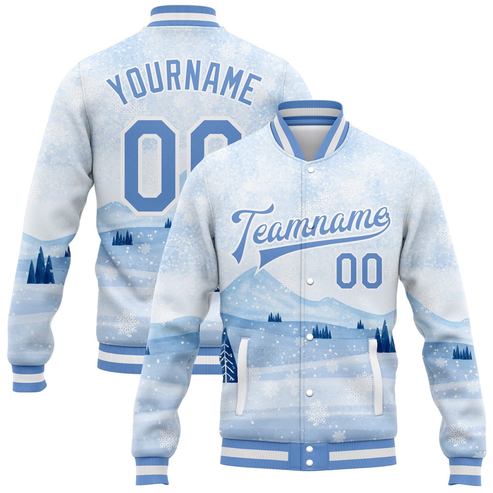 Custom White Light Blue Watercolor Winter Snow Landscape 3D Pattern Design Bomber Full Snap Baseball Jacket, Custom Team Jacket