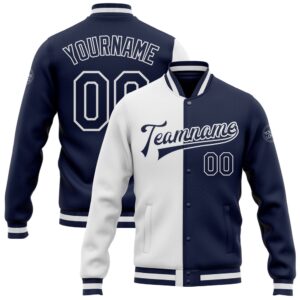 Custom White Navy Bomber Full Snap Varsity&hellip;