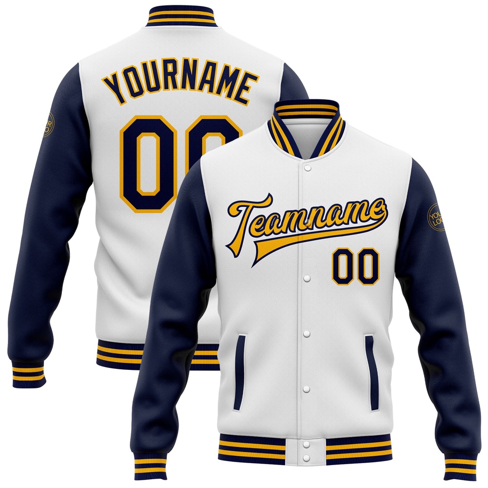 Custom White Navy Gold Bomber Full Snap Varsity Baseball Jacket, Custom Team Jacket
