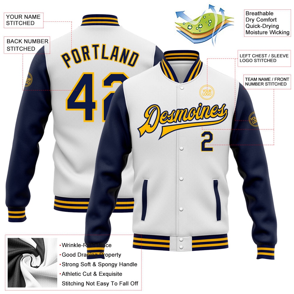 Custom White Navy Gold Bomber Full Snap Varsity Baseball Jacket, Custom Team Jacket