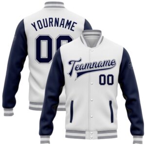 Custom White Navy Gray Bomber Full Snap&hellip;