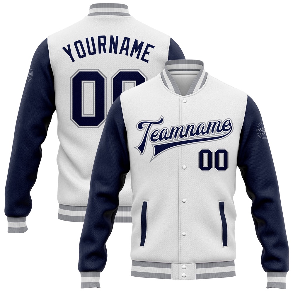 Custom White Navy Gray Bomber Full Snap Varsity Baseball Jacket, Custom Team Jacket