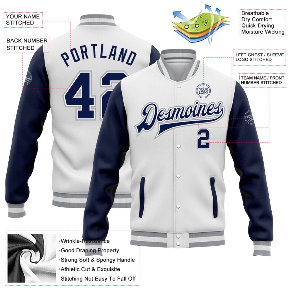 Custom White Navy Gray Bomber Full Snap Varsity Baseball Jacket, Custom Team Jacket