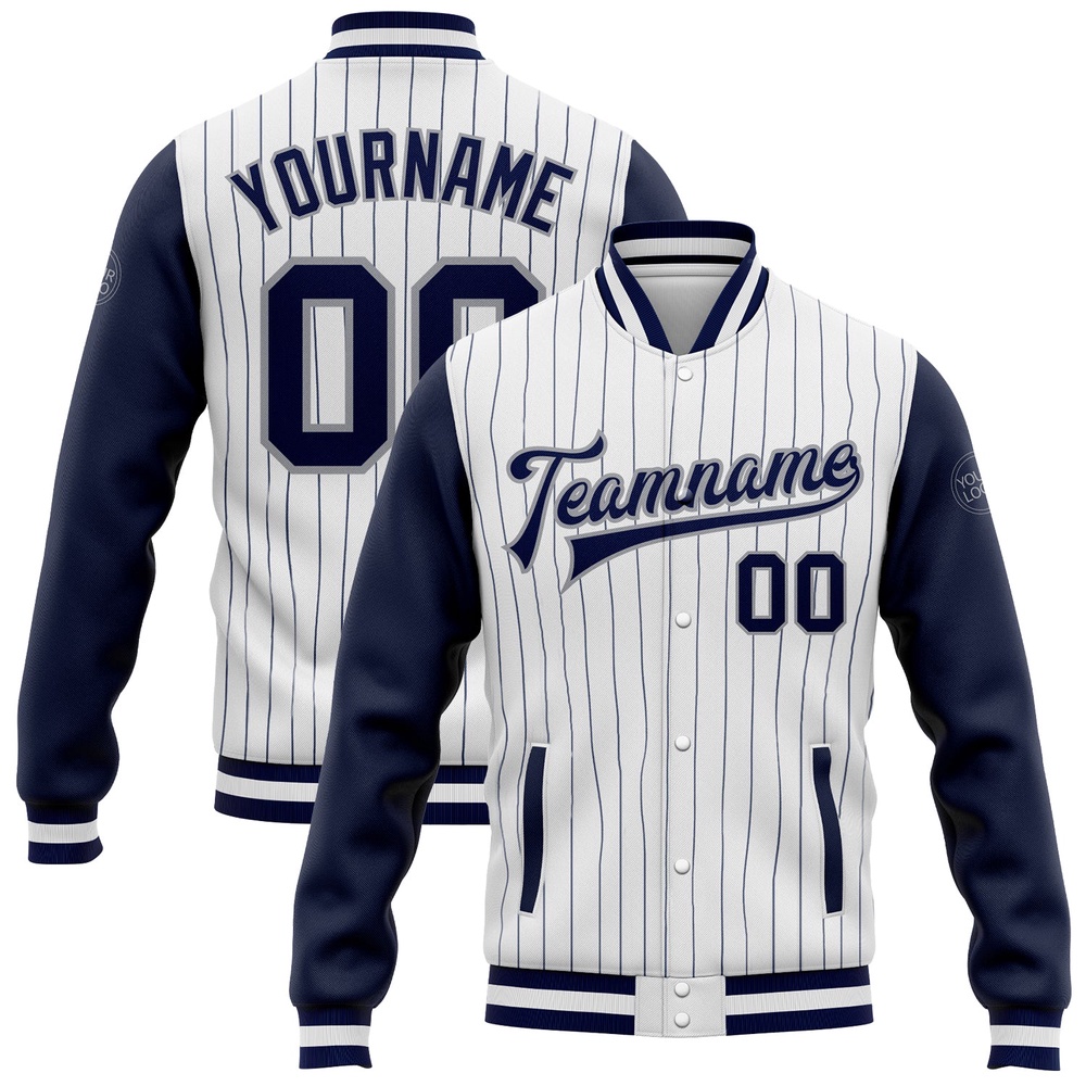 Custom White Navy Pinstripe Navy Gray Bomber Full Snap Varsity Baseball Jacket, Custom Team Jacket