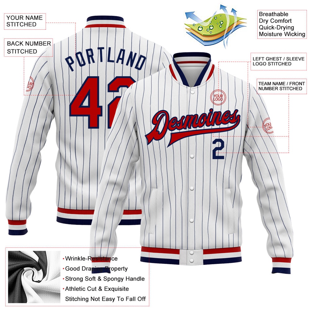 Custom White Navy Pinstripe Red Navy Bomber Full Snap Baseball Jacket, Custom Team Jacket Custom White Navy Pinstripe Red Navy Bomber Full Snap Baseball Jacket, Custom Team Jacket