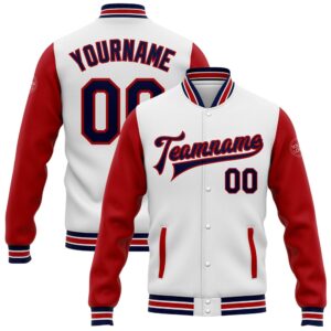 Custom White Navy Red Bomber Full Snap&hellip;