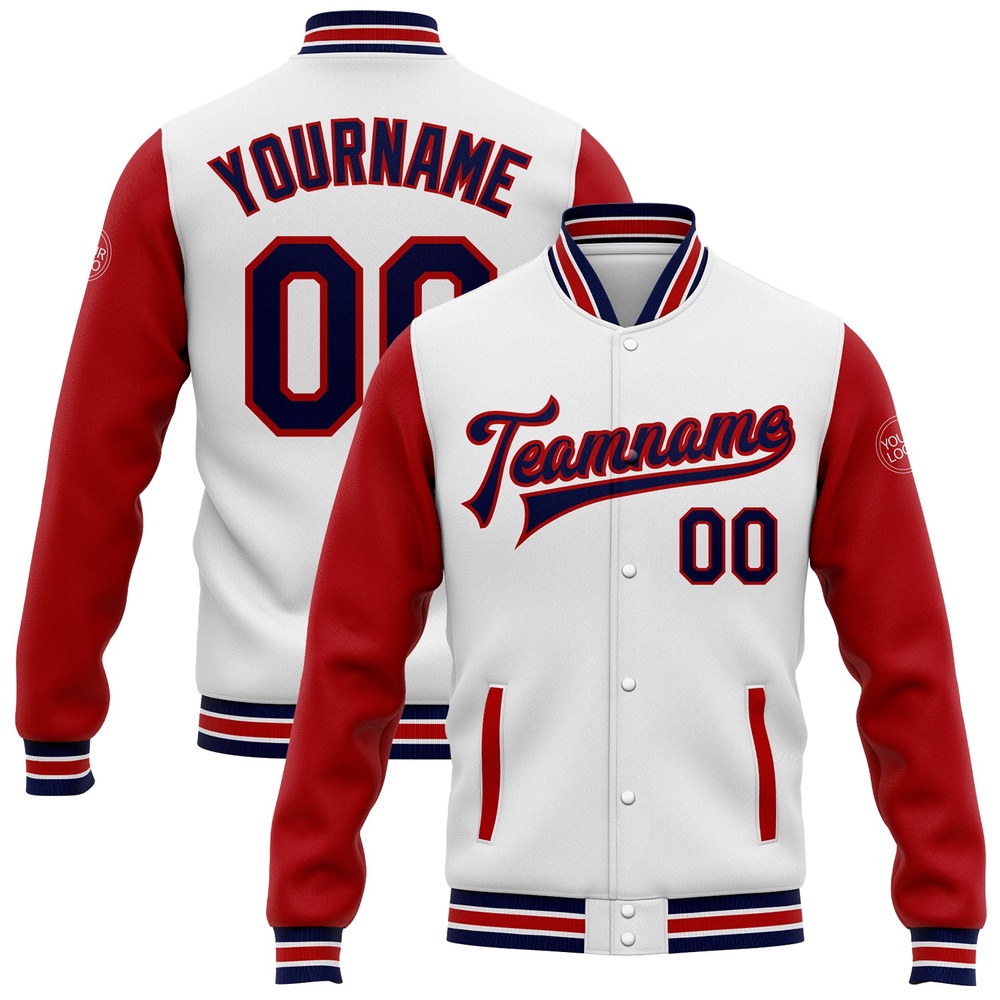 Custom White Navy Red Bomber Full Snap Varsity Baseball Jacket, Custom Team Jacket
