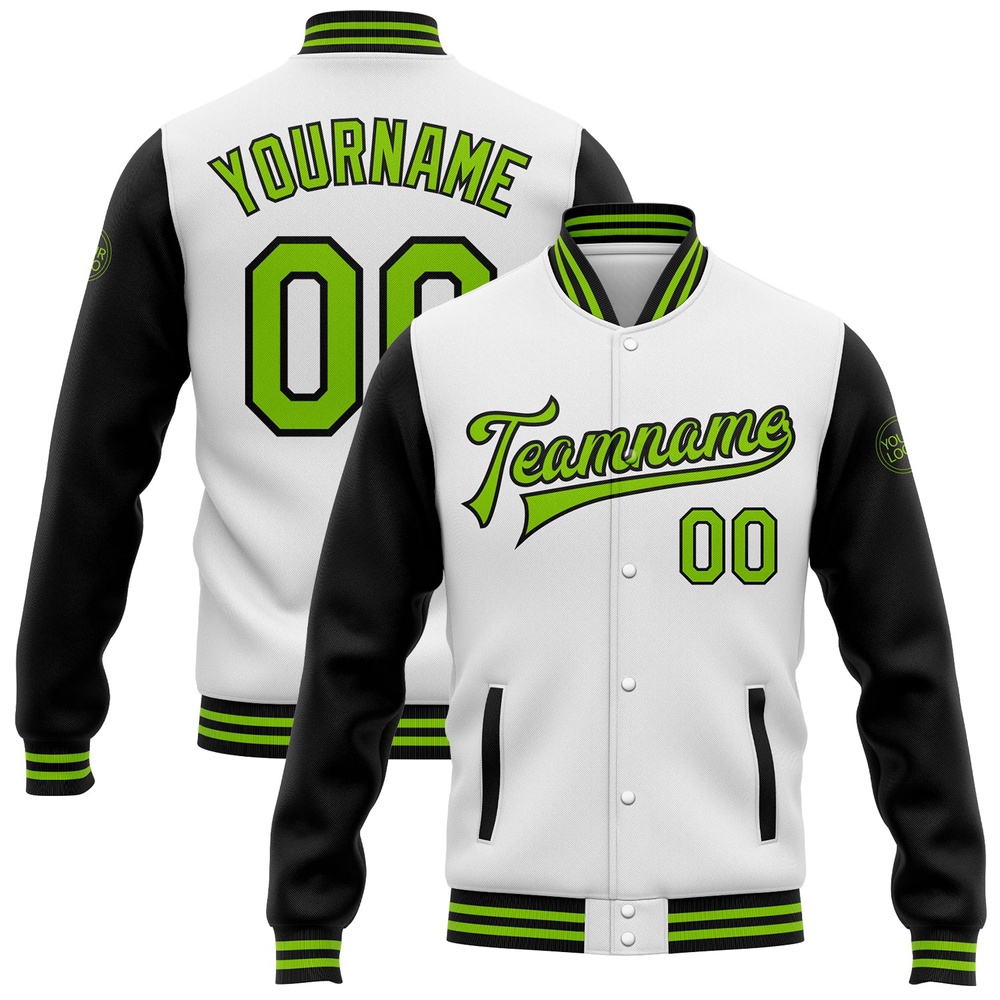Custom White Neon Green Black Bomber Full Snap Varsity Baseball Jacket, Custom Team Jacket