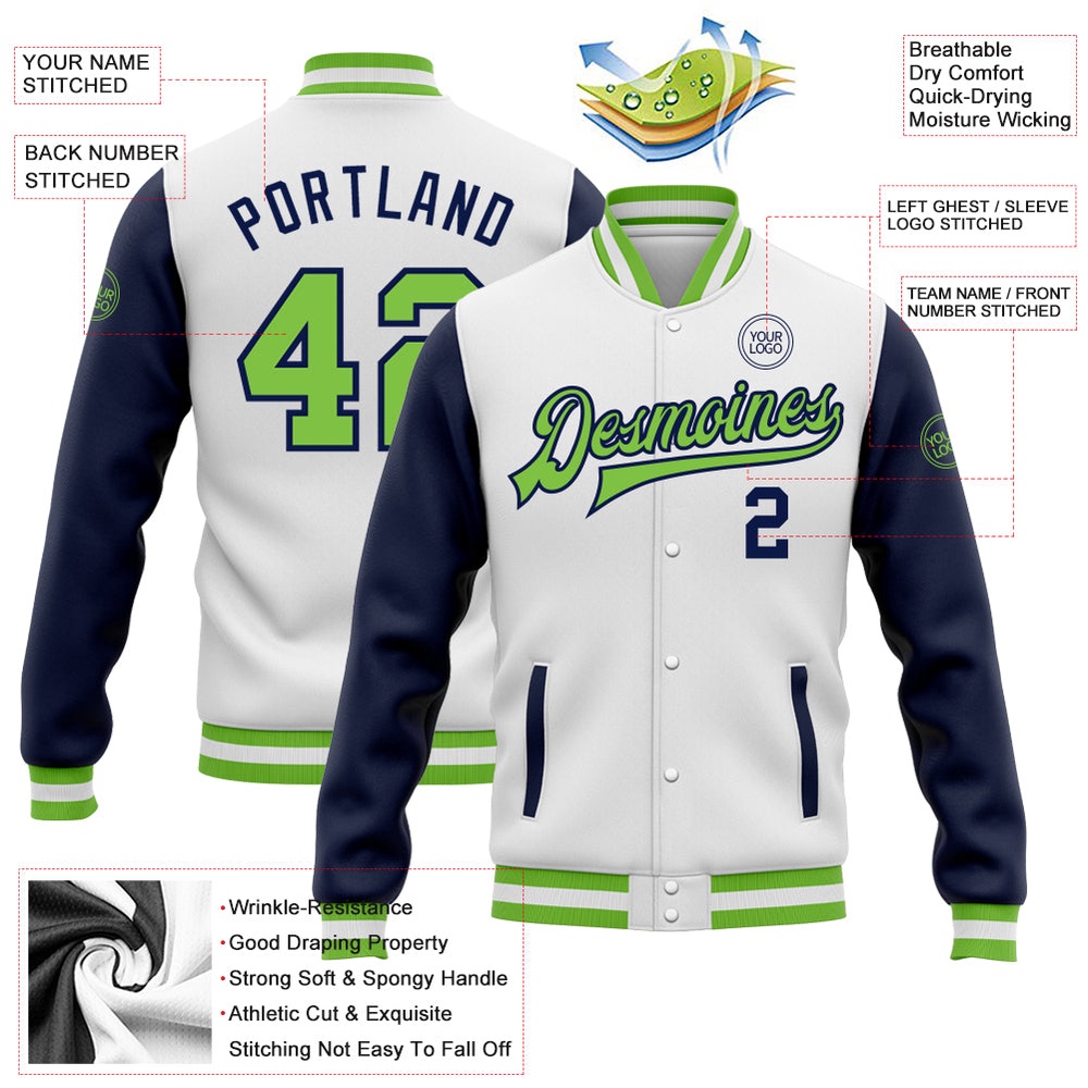 Custom White Neon Green Navy Bomber Full Snap Varsity Baseball Jacket, Custom Team Jacket Custom White Neon Green Navy Bomber Full Snap Varsity Baseball Jacket, Custom Team Jacket