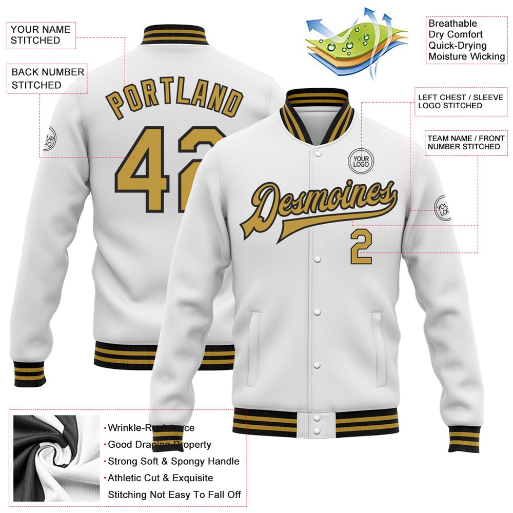 Custom White Old Gold Black Bomber Full Snap Baseball Jacket, Custom Team Jacket