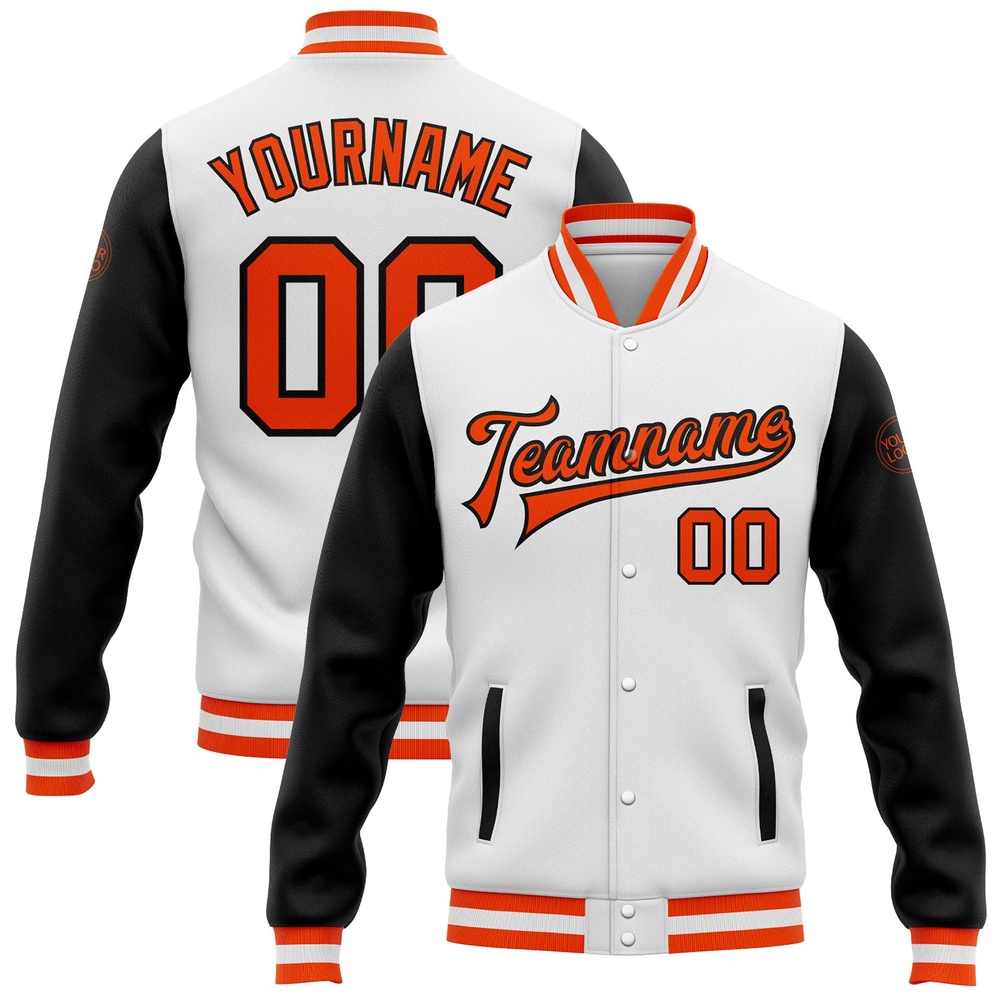 Custom White Orange Black Bomber Full Snap Varsity Baseball Jacket, Custom Team Jacket