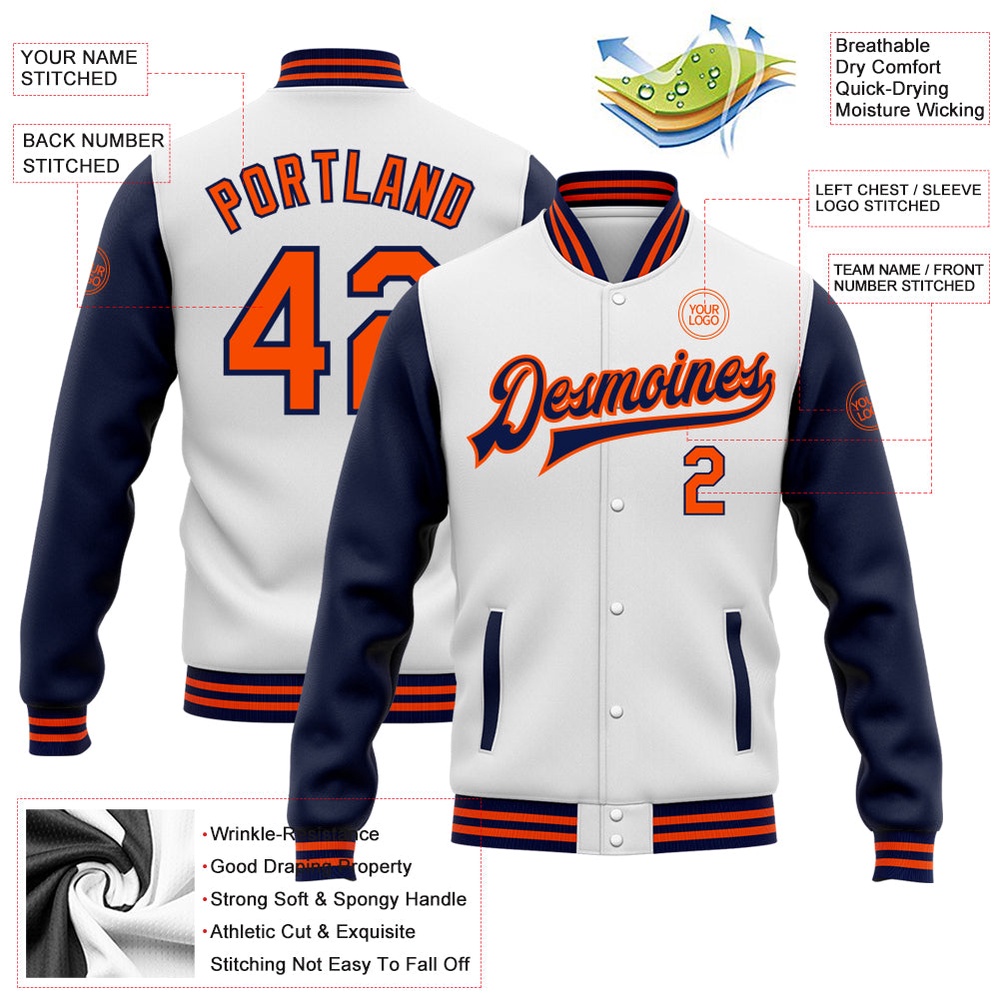 Custom White Orange Navy Bomber Full Snap Varsity Baseball Jacket, Custom Team Jacket