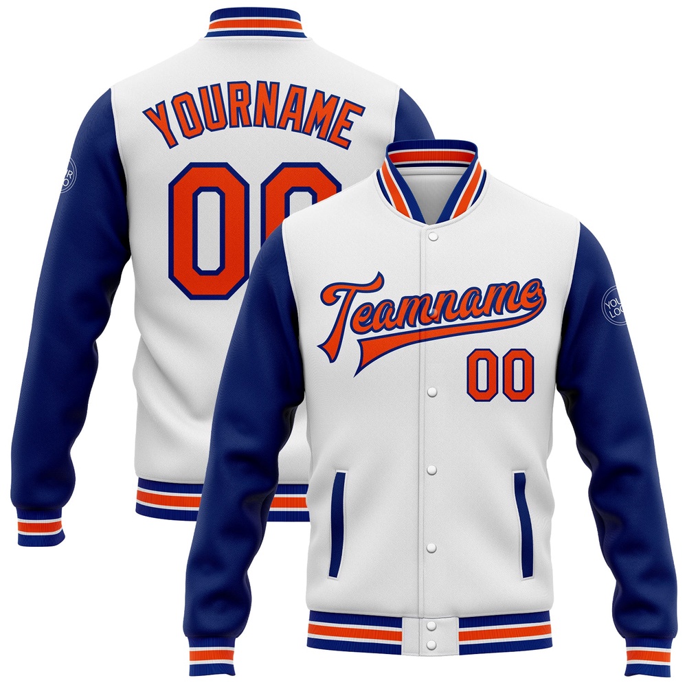 Custom White Orange Royal Bomber Full Snap Varsity Baseball Jacket, Custom Team Jacket