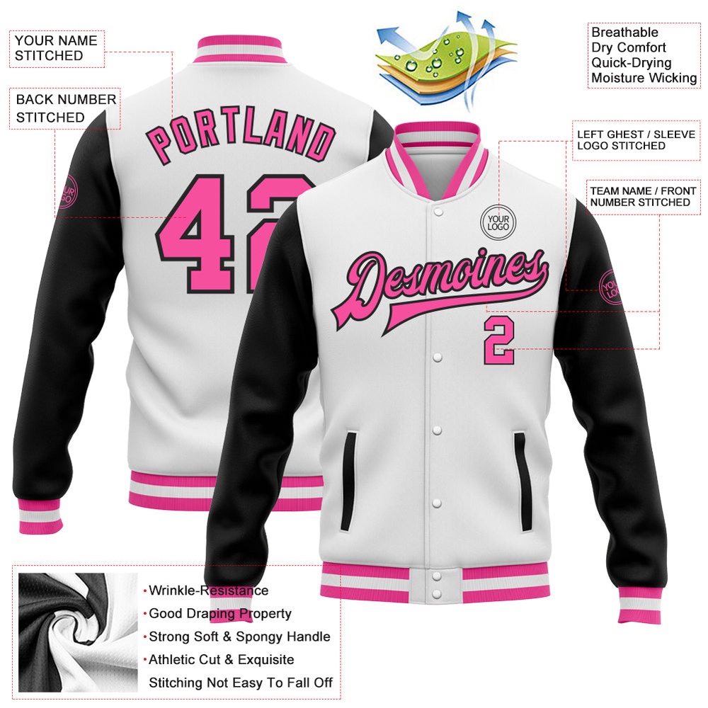 Custom White Pink Black Bomber Full Snap Varsity Baseball Jacket, Custom Team Jacket