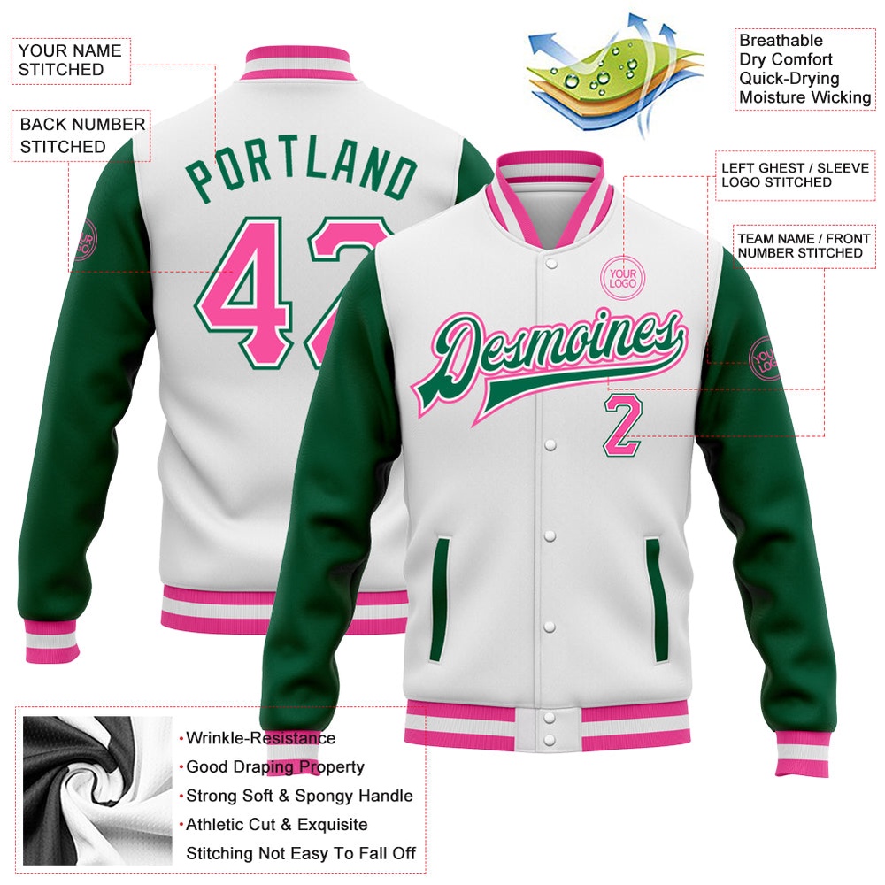 Custom White Pink Kelly Green Bomber Full Snap Varsity Baseball Jacket, Custom Team Jacket
