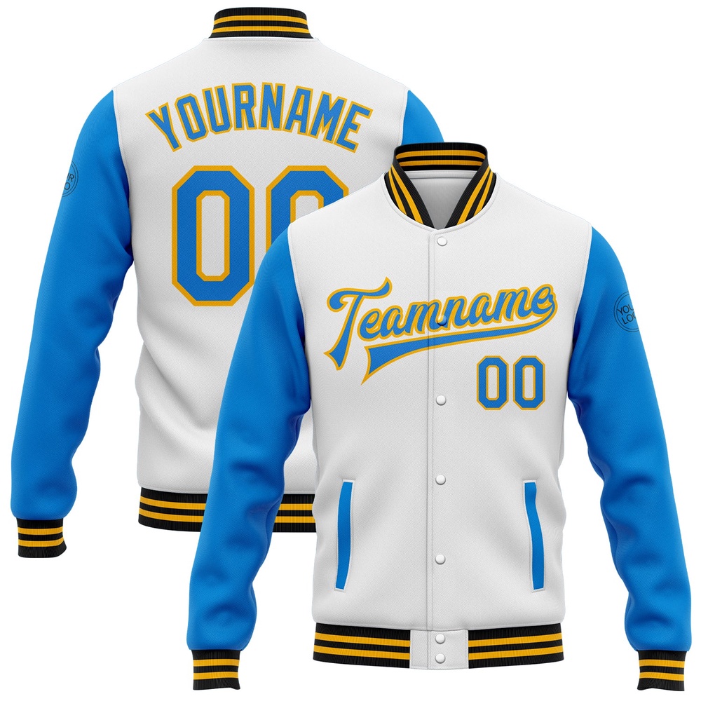Custom White Powder Blue Gold Black Bomber Full Snap Varsity Baseball Jacket, Custom Team Jacket