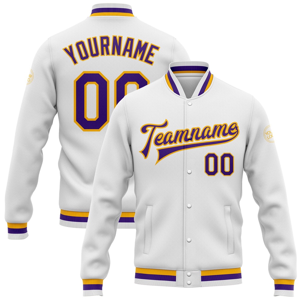 Custom White Purple Gold Bomber Full Snap Baseball Jacket, Custom Team Jacket