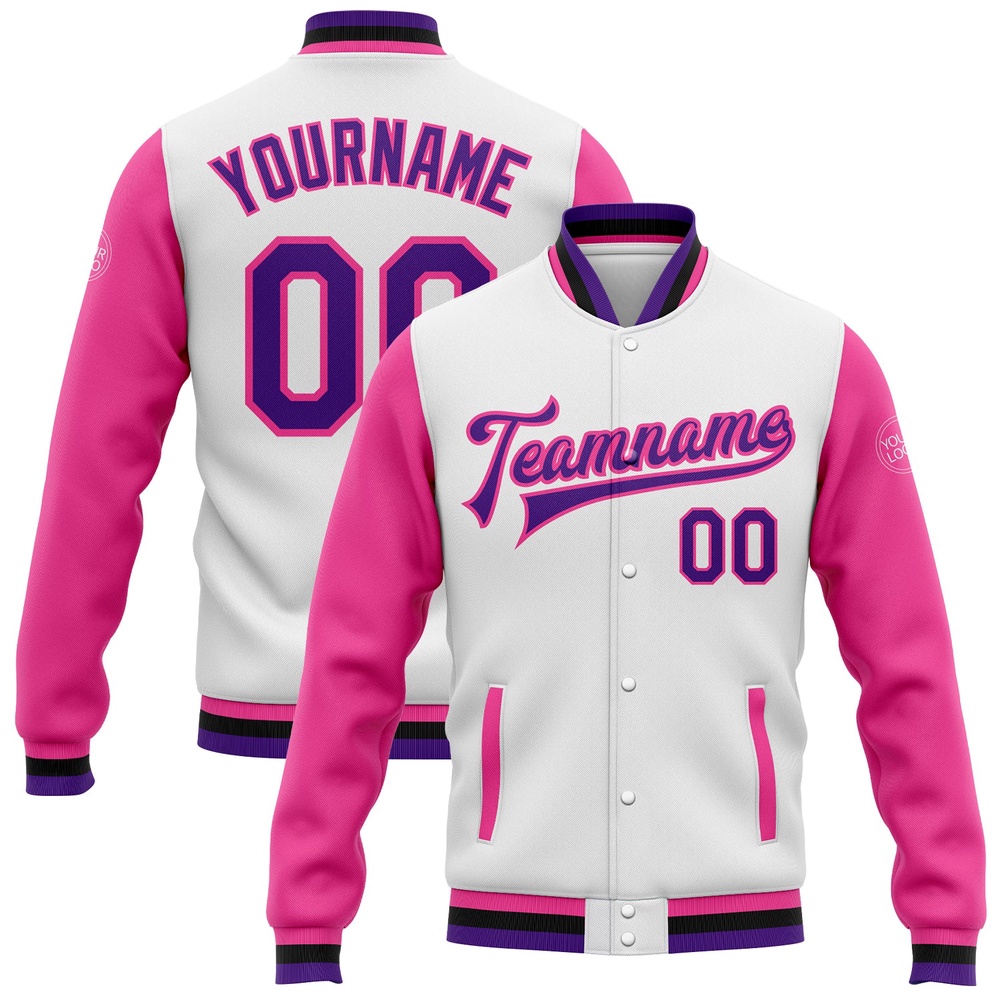Custom White Purple Pink Black Bomber Full Snap Varsity Baseball Jacket, Custom Team Jacket