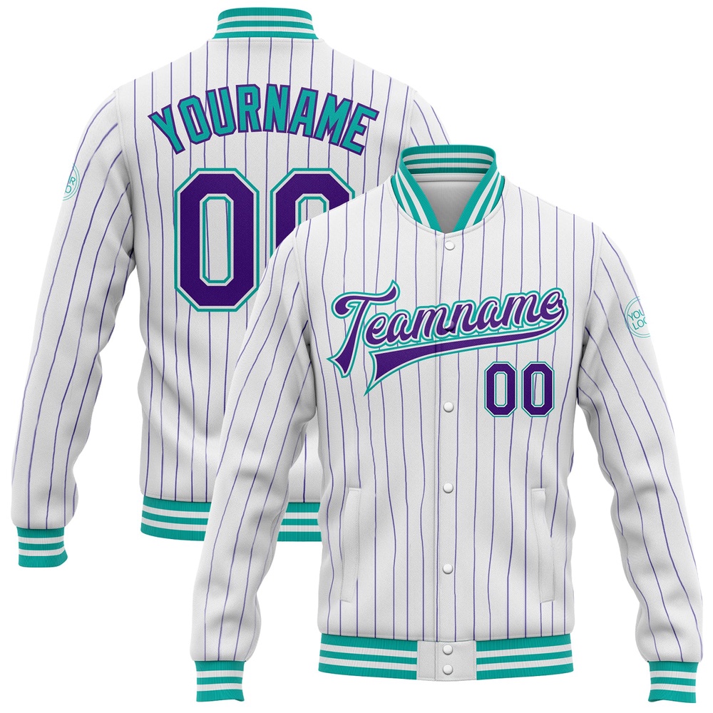 Custom White Purple Pinstripe Aqua Bomber Full Snap Baseball Jacket, Custom Team Jacket