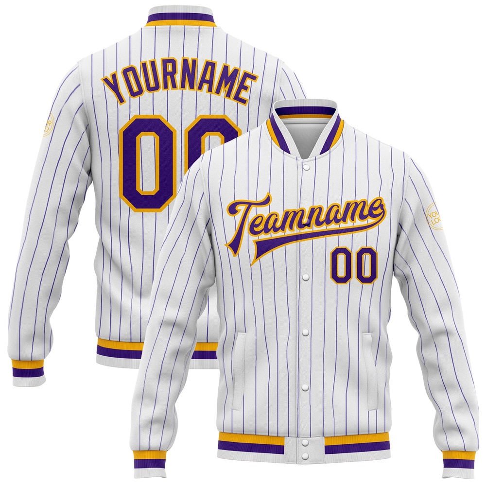 Custom White Purple Pinstripe Purple Gold Bomber Full Snap Baseball Jacket, Custom Team Jacket