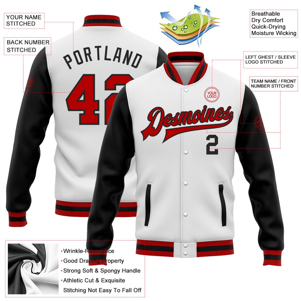 Custom White Red Black Bomber Full Snap Varsity Baseball Jacket, Custom Team Jacket