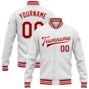 Custom White Red Bomber Full Snap Baseball&hellip;