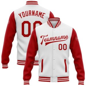 Custom White Red Bomber Full Snap Varsity&hellip;
