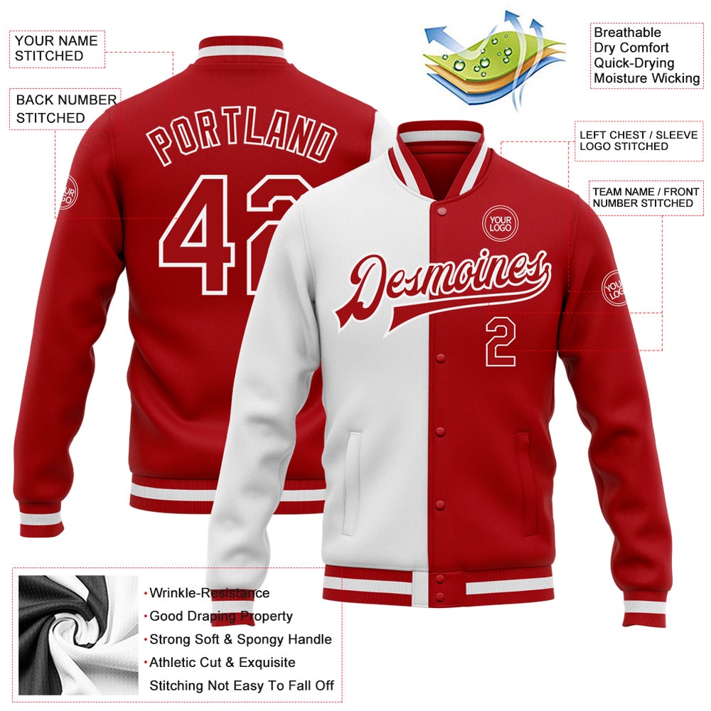 Custom White Red Bomber Full Snap Varsity Letterman Split Fashion Jacket, Custom Team Jacket