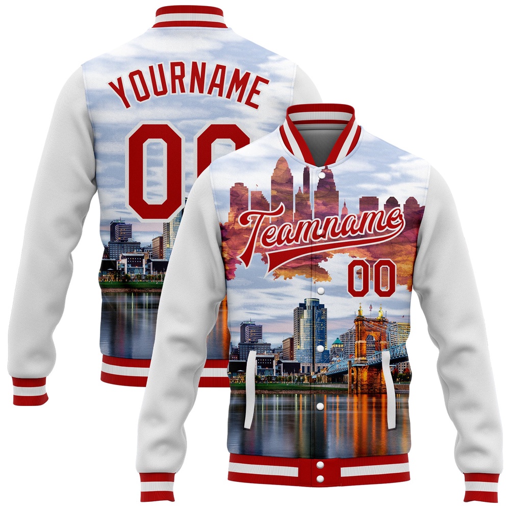 Custom White Red Cincinnati Ohio City Edition 3D Bomber Full Snap Baseball Jacket, Custom Team Jacket