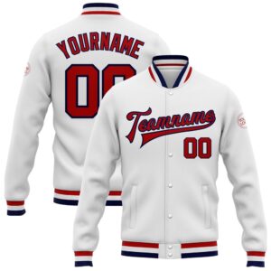 Custom White Red Navy Bomber Full Snap&hellip;