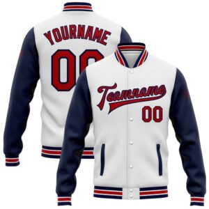 Custom White Red Navy Bomber Full Snap&hellip;