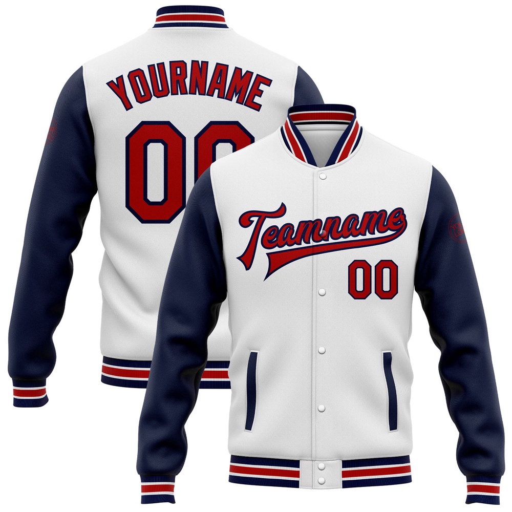Custom White Red Navy Bomber Full Snap Varsity Baseball Jacket, Custom Team Jacket