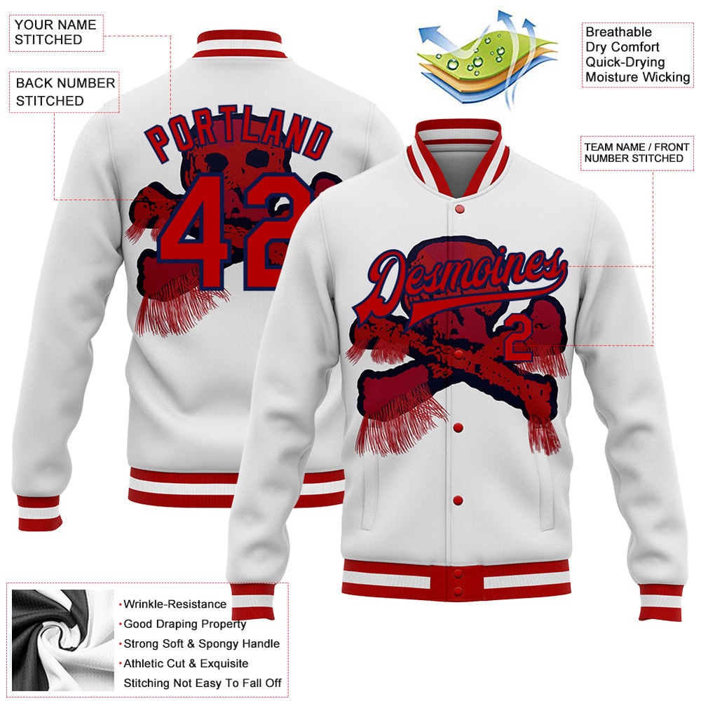 Custom White Red Navy Skull Fashion 3D Bomber Full Snap Baseball Jacket, Custom Team Jacket