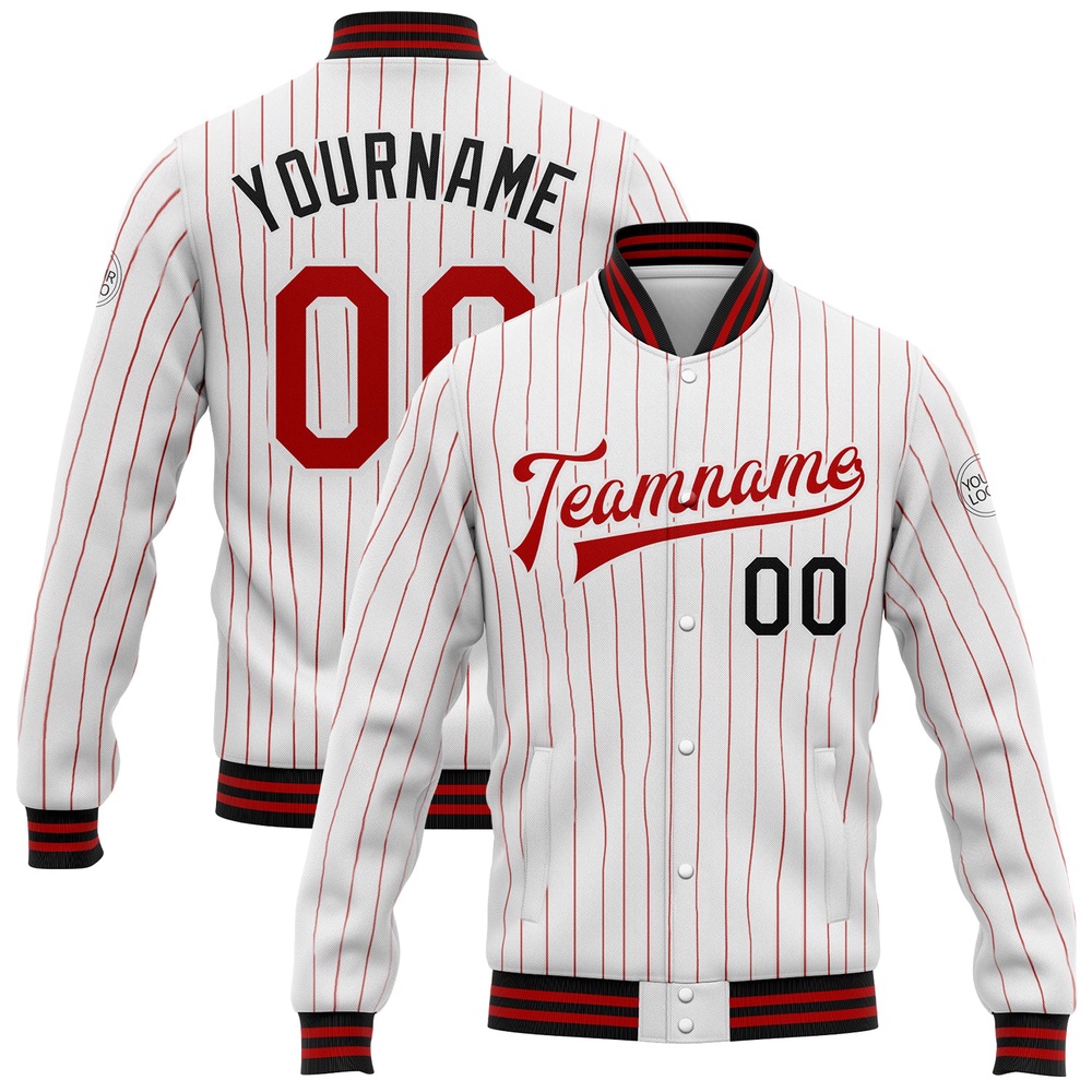 Custom White Red Pinstripe Black Bomber Full Snap Baseball Jacket, Custom Team Jacket