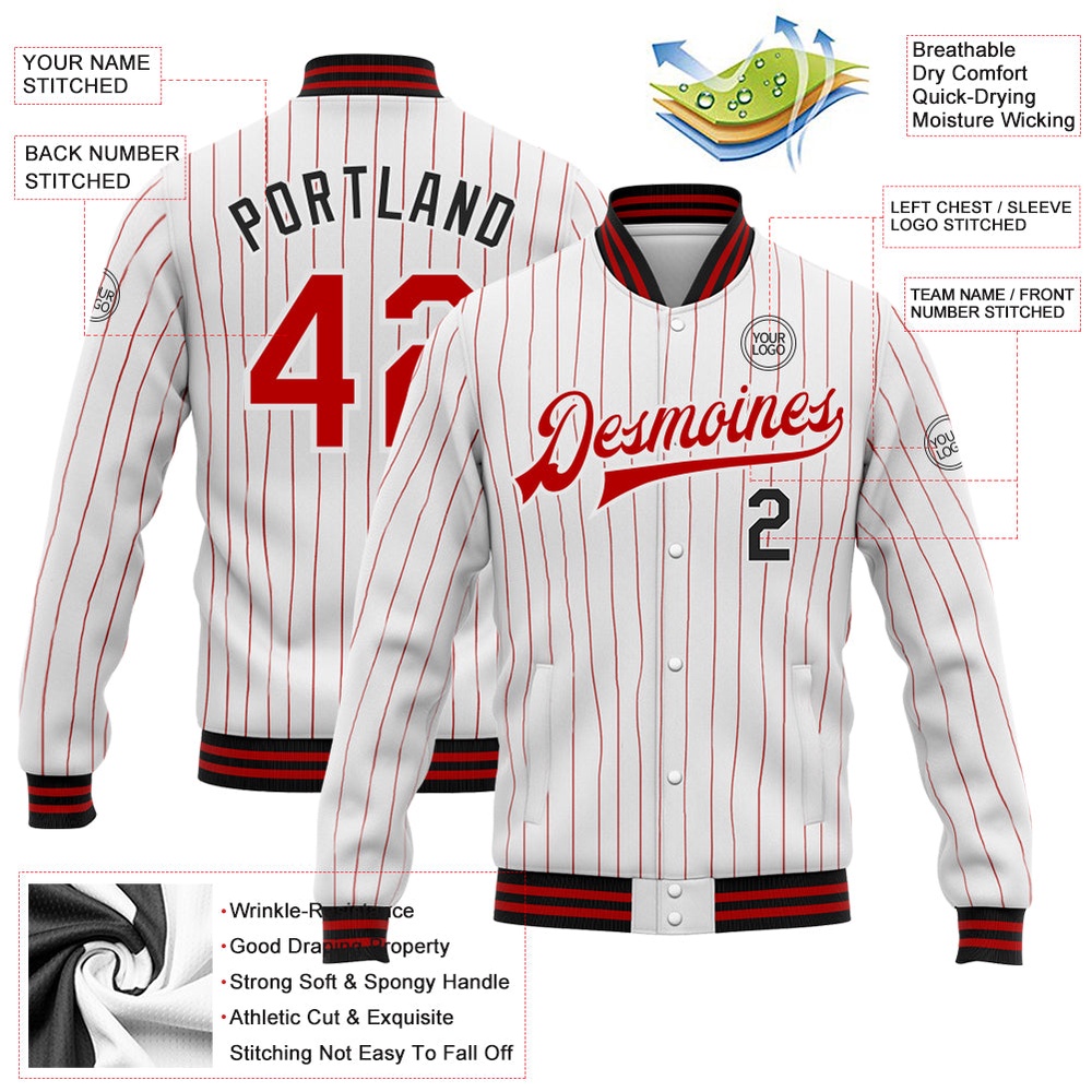 Custom White Red Pinstripe Black Bomber Full Snap Baseball Jacket, Custom Team Jacket