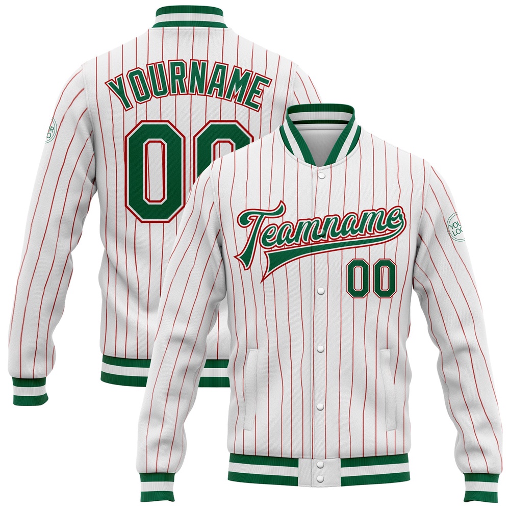 Custom White Red Pinstripe Kelly Green Red Bomber Full Snap Baseball Jacket, Custom Team Jacket