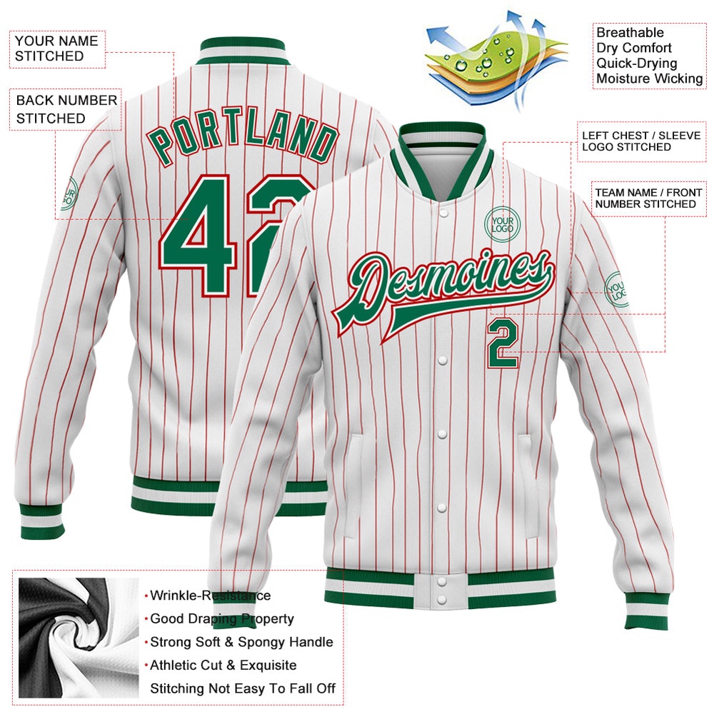 Custom White Red Pinstripe Kelly Green Red Bomber Full Snap Baseball Jacket, Custom Team Jacket
