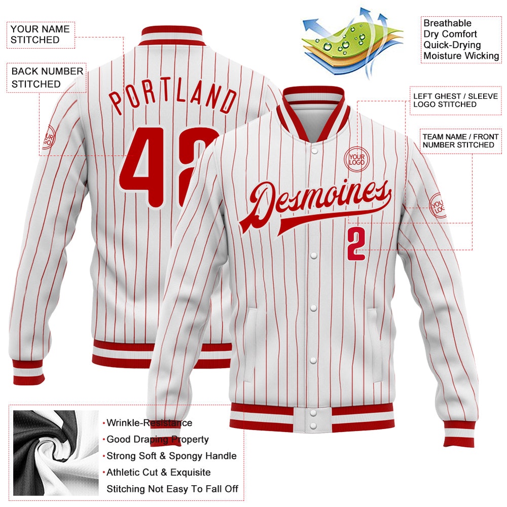 Custom White Red Pinstripe Red White Bomber Full Snap Baseball Jacket, Custom Team Jacket
