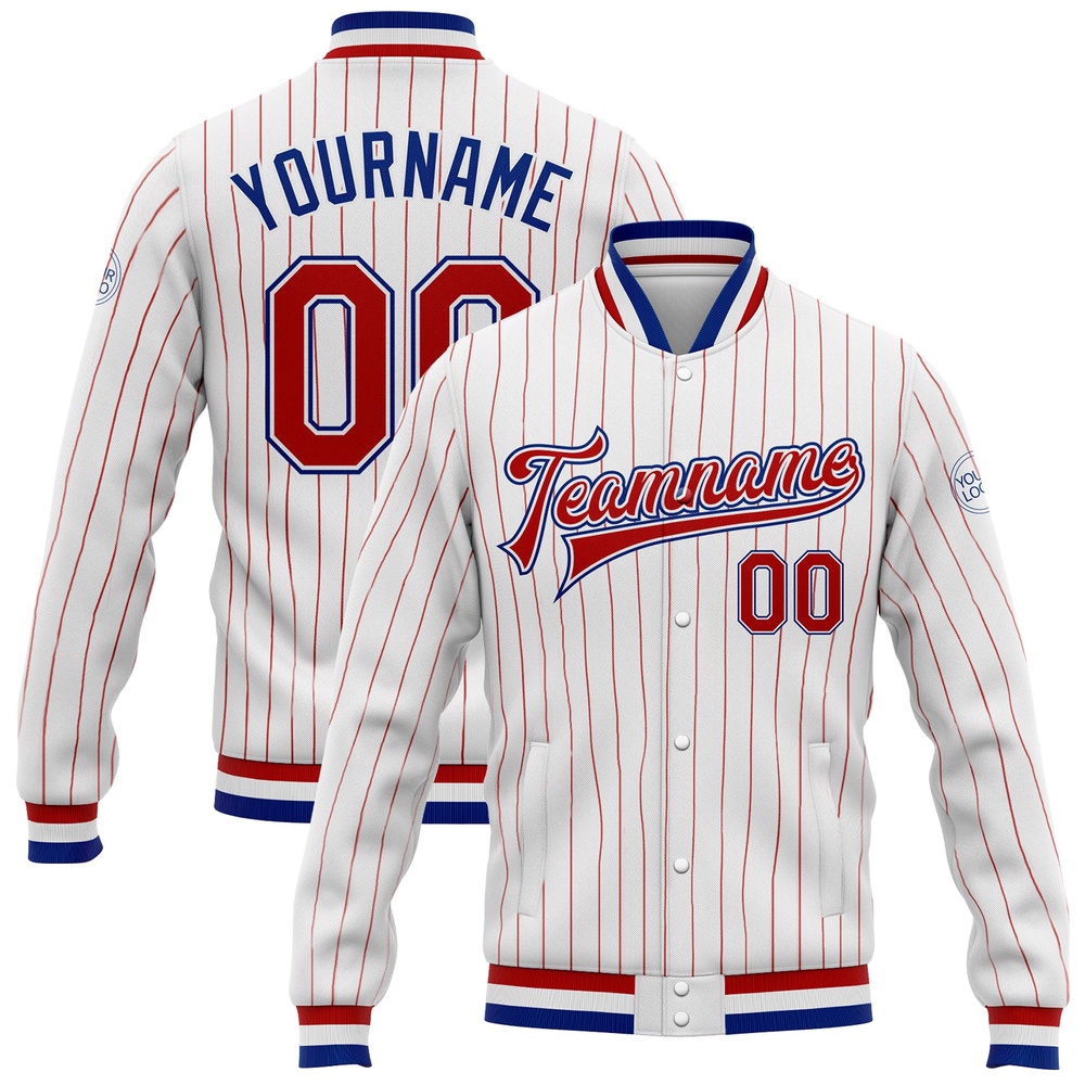 Custom White Red Pinstripe Royal Bomber Full Snap Baseball Jacket, Custom Team Jacket