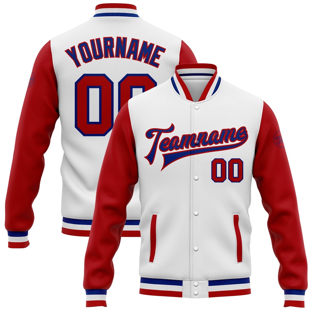 Custom White Red Royal Bomber Full Snap Varsity Baseball Jacket, Custom Team Jacket