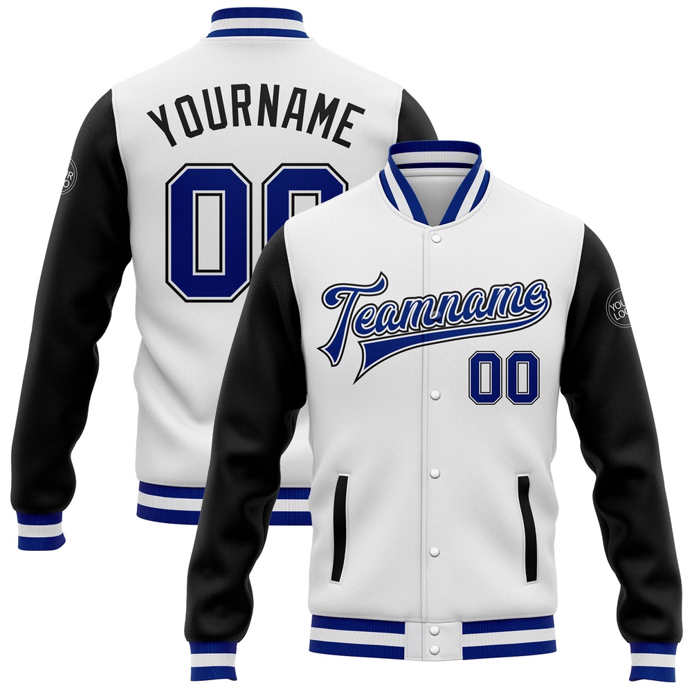 Custom White Royal Black Bomber Full Snap Varsity Baseball Jacket, Custom Team Jacket