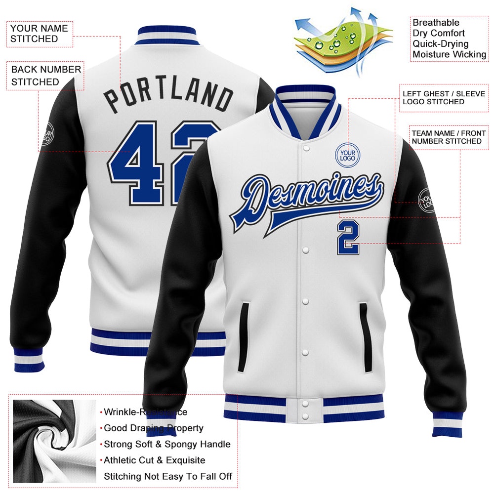 Custom White Royal Black Bomber Full Snap Varsity Baseball Jacket, Custom Team Jacket