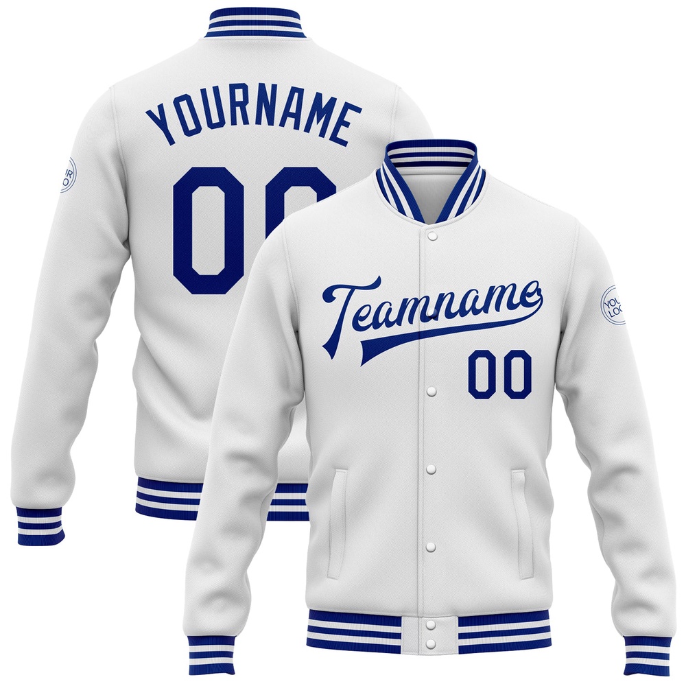 Custom White Royal Bomber Full Snap Baseball Jacket, Custom Team Jacket