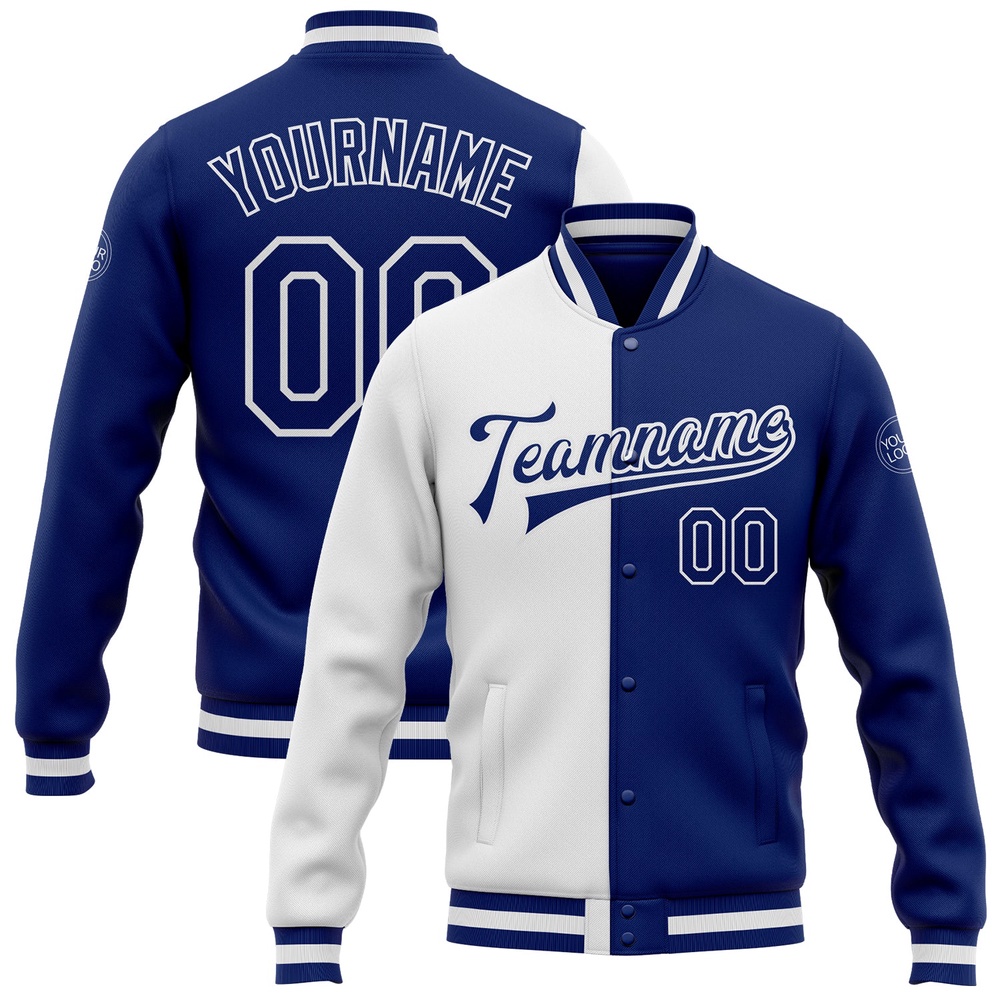 Custom White Royal Bomber Full Snap Varsity Letterman Split Fashion Jacket, Custom Team Jacket