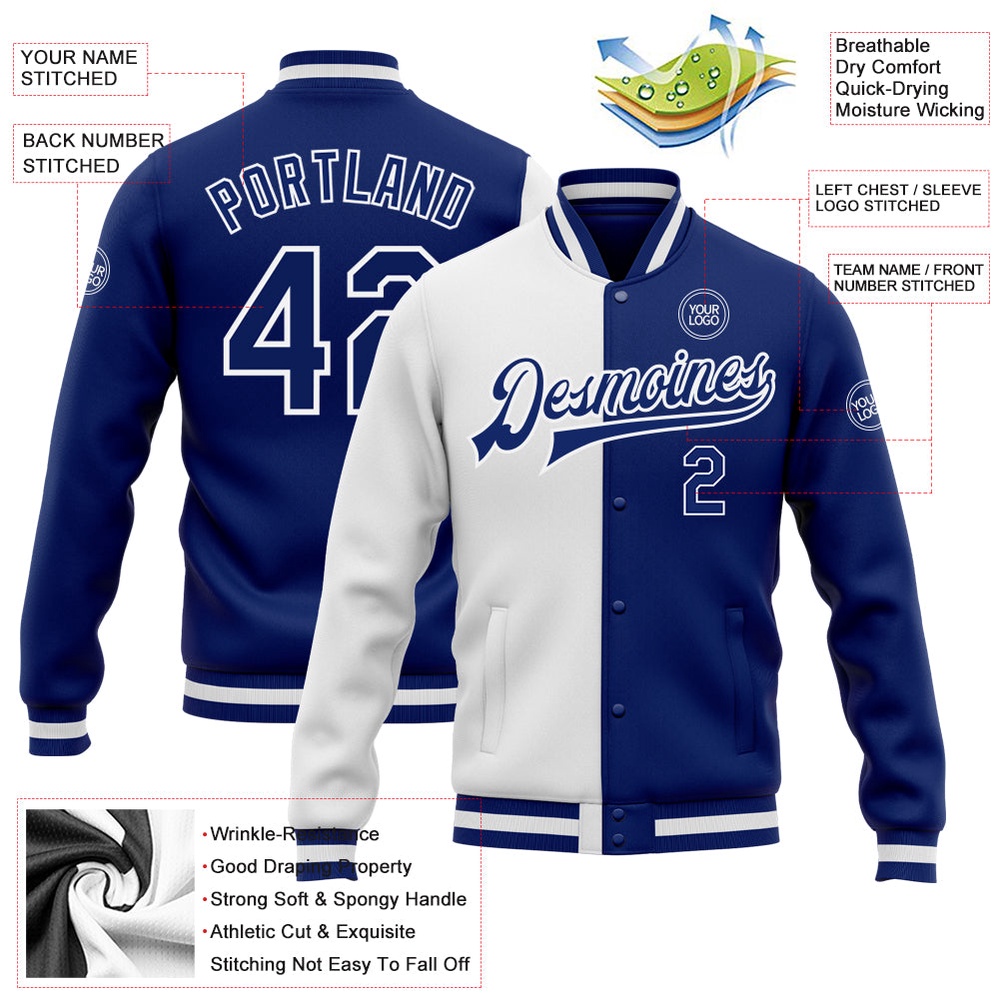 Custom White Royal Bomber Full Snap Varsity Letterman Split Fashion Jacket, Custom Team Jacket