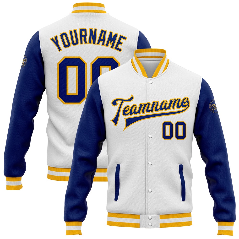 Custom White Royal Gold Bomber Full Snap Varsity Baseball Jacket, Custom Team Jacket