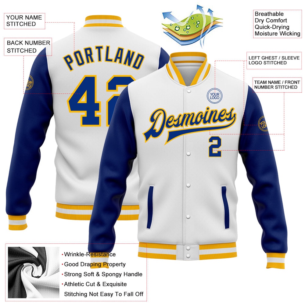 Custom White Royal Gold Bomber Full Snap Varsity Baseball Jacket, Custom Team Jacket